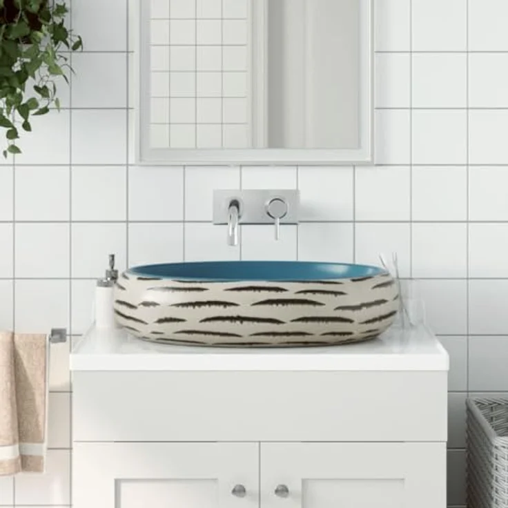 vidaXL Aufsatzwaschbecken, Handgefertigt aus Keramik, Mehrfarbig, 59 x 40 x 15 cm – Bild 2