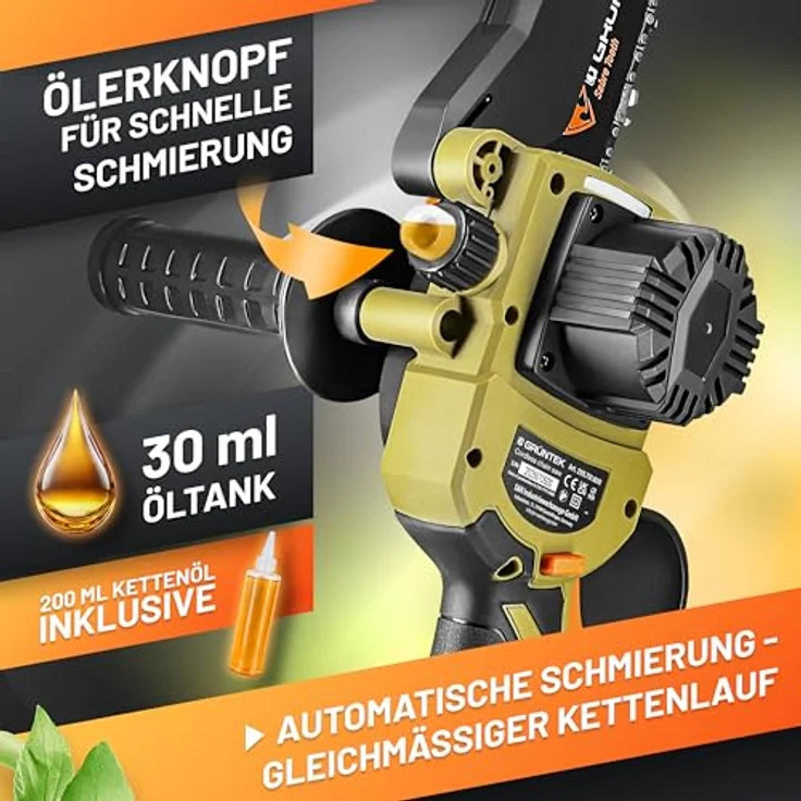 GRÜNTEK Akku Kettensäge 21V, Mini Motorsäge mit 2 Akkus, 1050W Brushless Motor, 6" und 8" Schwert, inkl. Sicherheitszubehör im Koffer – Bild 4