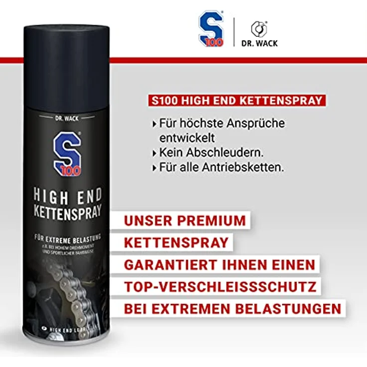 Dr. Wack - S100 High End Kettenspray 300 ml I Premium Motorrad-Kettenöl für extreme Belastungen I Kettenspray für alle Motorräder I Hochwertige Motorradpflege – Made in Germany, schwarz – Bild 4