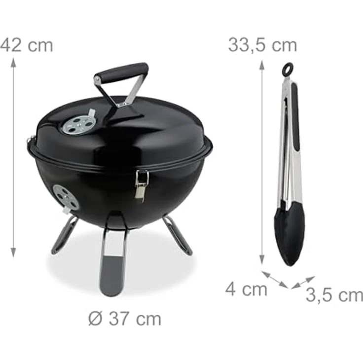 Relaxdays Kugelgrill tragbar Ø 37cm mit Grillzange, kompakte Größe, fixierbarer Deckel, Schwarz/Silber – Bild 4