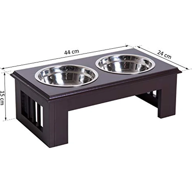 PawHut Hundenapf, 2 Näpfe, Futterschüssel, erhöhter Katzen Futternapf, Pflegeleicht, Edelstahl MDF, Kaffee, 44 x 24 x 15 cm - Preisvergleich – Bild 3