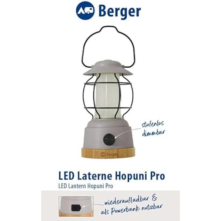 BERGER Hopuni Pro LED Campinglampe │aufladbare Outdoor Lampe dimmbar │kabellose Campinglaterne mit Akku & USB Kabel │ für Camping Zelt & Stromausfall (grau) – Bild 2