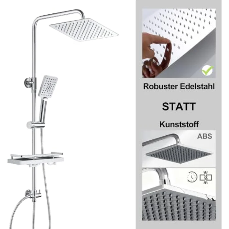 JOHO Edelstahl Duschsystem mit Regendusche 20x20 cm, Chrom, höhenverstellbar, inkl. Handbrause mit 3 Strahlarten – Bild 2