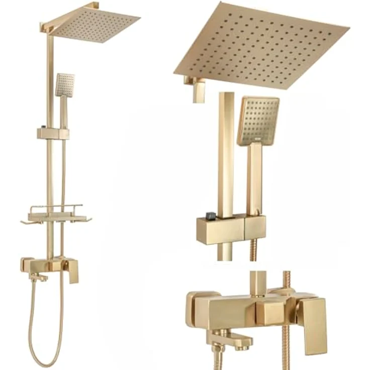 Rea Duschsystem JACK BRUSHED GOLD, Duschset mit Duscharmatur, Regendusche 25 x 25 cm, Messing, oberflächenmontiert, gebürstetes Gold – Bild 1