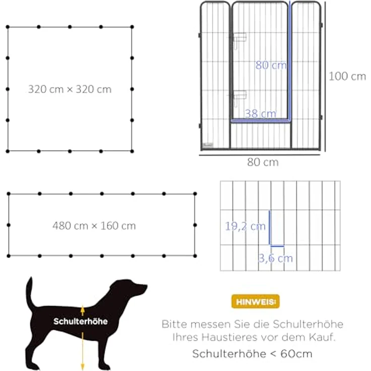 PawHut Welpenauslauf, Welpenlaufstall, Freigehege für Große, Mittlere, Kleine Hunde, Kleintierauslauf, DIY Welpengehege mit Zwei Türen, Stahl, Grau, 320 x 320 x 100 cm – Bild 5