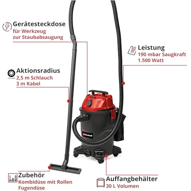 Einhell Nass-Trockensauger TC-VC 1930 A (1.500 Watt, 190 mbar Saugleistung, 30 L Auffangbehälter, Automatiksteckdose) in Rot – Bild 2