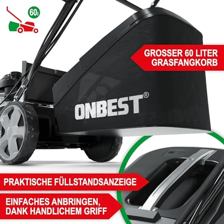 Onbest Benzin Rasenmäher 5IN1, 6,5 PS, 196 ccm, E-Start, 53 cm Schnittbreite, 60L Fangkorb, Radantrieb, Seitenauswurf – Bild 5