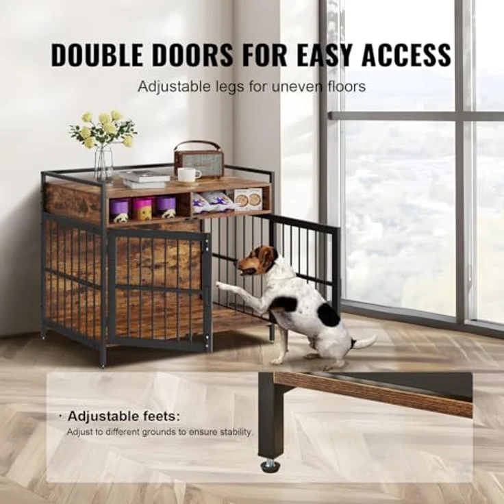 VEVOR Hundekäfig Vintage Beistelltisch mit Doppeltür-Design, Karbonstahl-Rahmen und P2 Spanplatte in Holzoptik – Bild 4