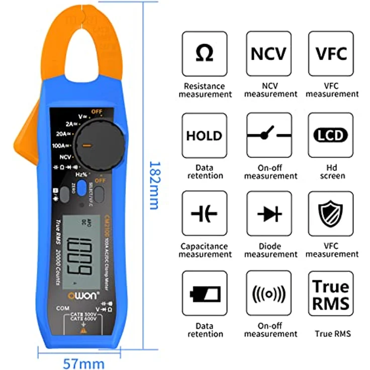 OWON CM2100 Digitales Stromzangenmessgerät Smart Electrical Tester 600V AC/DC True RMS VFC Diodenmultimeter, tragbar und handlich – Bild 3