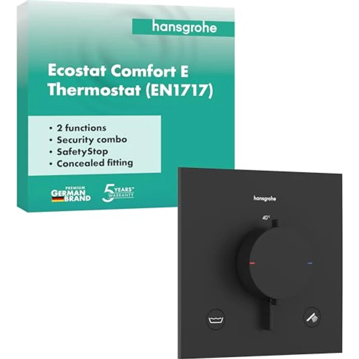 hansgrohe Ecostat Comfort E Duschthermostat Unterputz, Sicherheitsarmatur mit SafetyStop bei 40°C für 2 Verbraucher, mattschwarz, 33716670 – Bild 1
