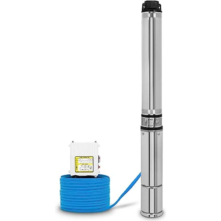 EBERTH 4" Tiefbrunnenpumpe, Edelstahl, elektrisch 750W, Förderhöhe max. 56m, 20m Kabel, Schmutzsieb