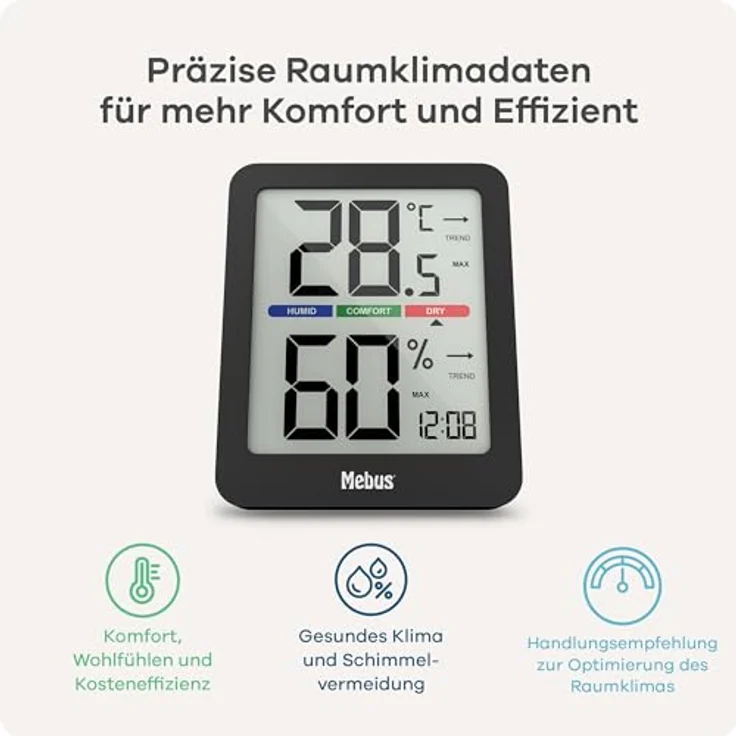Mebus 11115 Thermo-Hygrometer, digitales Hygrometer mit Temperaturanzeige in °C/°F, schwarz – Bild 3