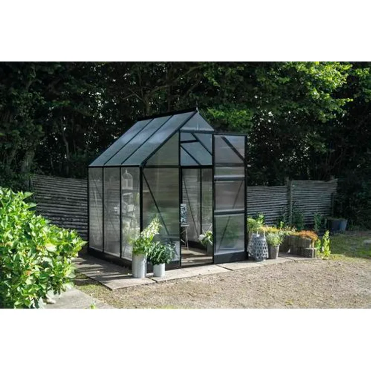 Halls Icon 6, Gewächshaus 3,7 m² mit 4 mm Polycarbonatplatten, pulverbeschichtet in Schwarz, 192,5 x 192,5 cm