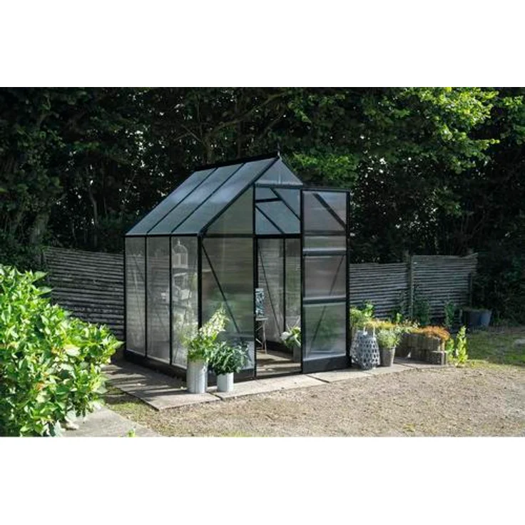 Halls Icon 6, Gewächshaus 3,7 m² mit 4 mm Polycarbonatplatten, pulverbeschichtet in Schwarz, 192,5 x 192,5 cm