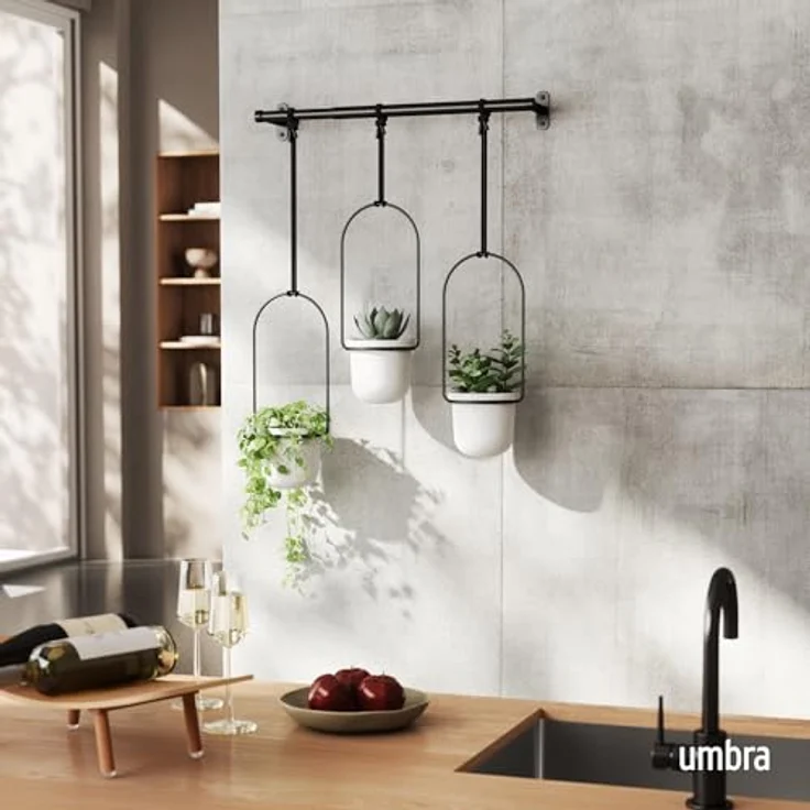 Umbra Triflora Vase, Hängeblumentopf, Wandvase, Blumenampel für Wand-und Deckenanbrinung, Melamin, Metall, Weiss-Schwarz, 3er-Set – Bild 2