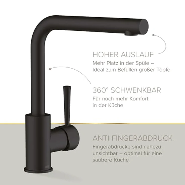 Lenz Küchenarmatur OLINA, Schwarz, mit Anti-Fingerabdruck Oberfläche und 360°-Schwenkfunktion – Bild 5