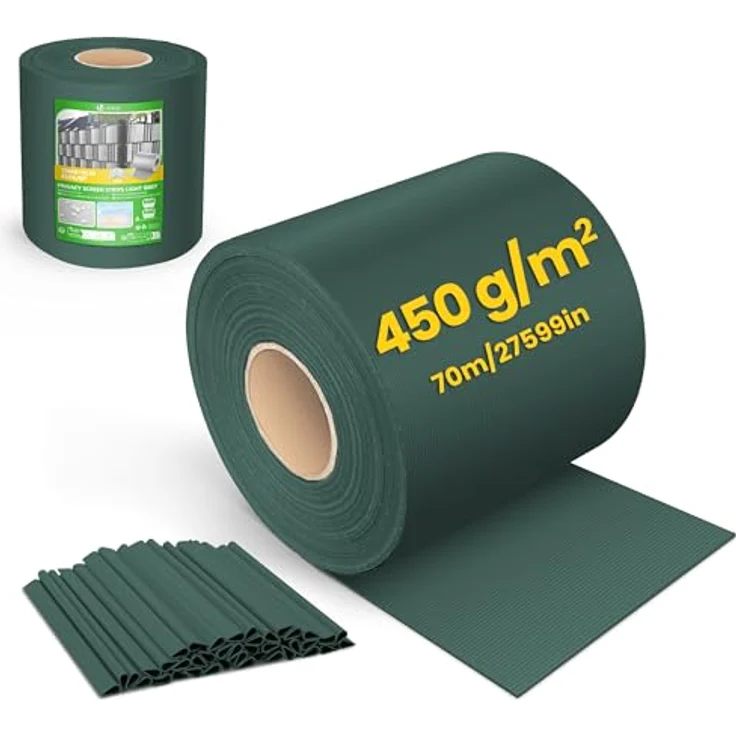VOUNOT® PVC Sichtschutzstreifen für Doppelstabmatten 70m x 19cm, 40 Befestigungsclips, Sichtschutz Zaunfolie für Stabmattenzaun, Gartenzaun, Zaun, Grün – Bild 1