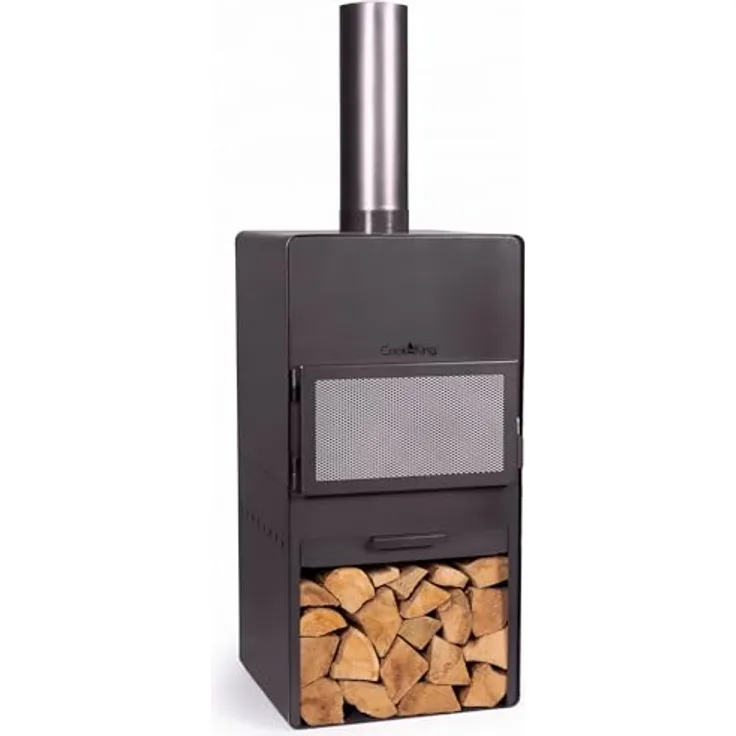 Cook King Vento Terrassenofen - Feuerstelle mit Funkenschutz - Feuersäule Outdoor - Terrassenkamin mit Grillrost - Gartenofen hochwertigem Stahl - 50x50x150 cm