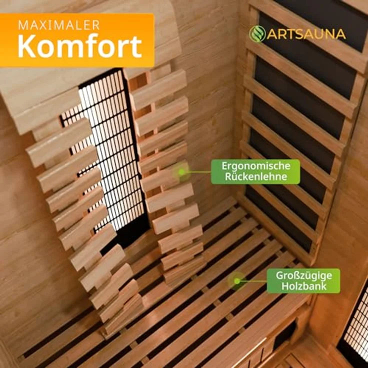 Artsauna Infrarotkabine Kiruna90 Premium Dual Technologie, für 1 Personen, Hemlockholz, Sound-System, Bluetooth, LED-Farblicht, Natur – Bild 6