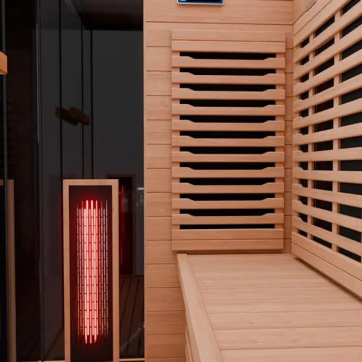 Dewello® Infrarotkabine KENORA 130x105, Infrarotsauna für 1-2 Personen aus Hemlockholz, Dual Therm, Salzsteinoptik – Bild 9
