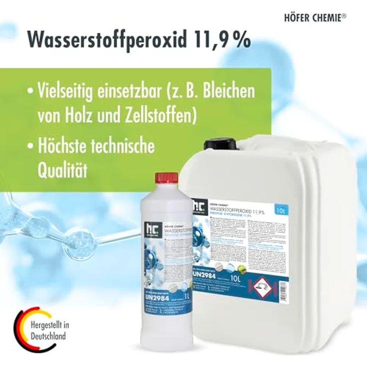 Höfer Chemie Wasserstoffperoxid 11,9%, 4 x 10 L - Technische Oxidationslösung mit 1% Phosphorsäure, vielseitig einsetzbar zum Bleichen und Reinigen – Bild 2