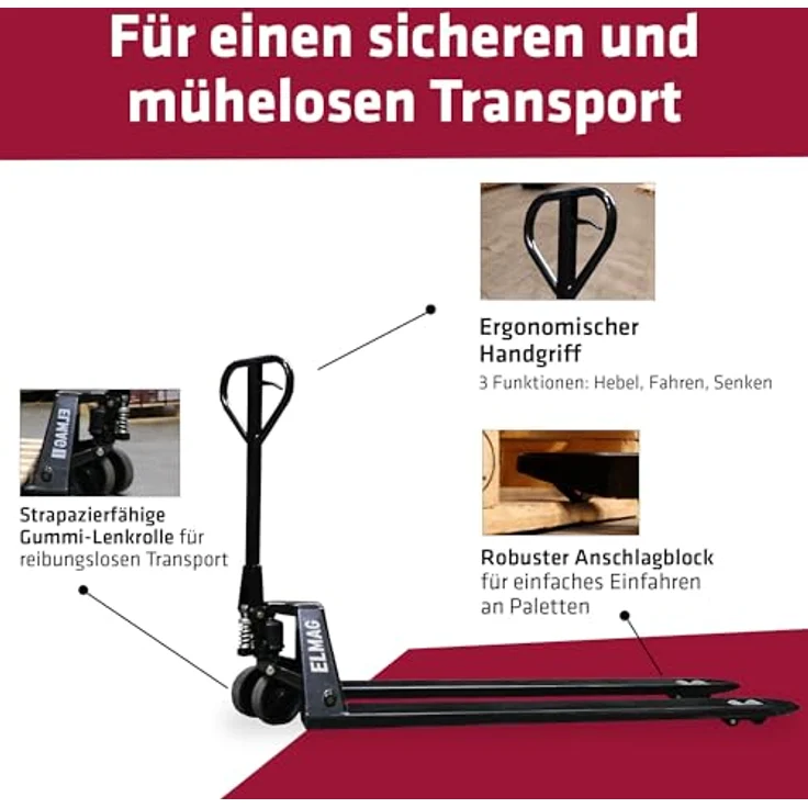 ELMAG Handhubwagen HWL 2500, Hubwagen mit 2000 kg Tragkraft, 1800 mm Gabellänge, Gummirädern & Polyurethan-Tandemrollen für mühelosen Transport – Bild 2