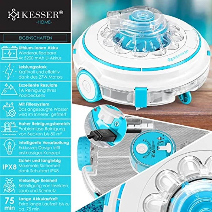 KESSER® Poolroboter Poolreiniger Akku Aqua-9000 inkl. Transporttasche Pool Roboter für bis 80m² Pools, Li-Ion Akku max. 75 min, Kabellos Poolsauger Bodenreinigung Vollautomatisch Bodensauger Türkis – Bild 2