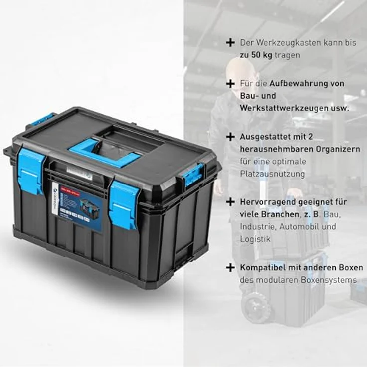 Högert Technik HT7G502 Werkzeugkasten, Tragfähigkeit bis 50 kg, modularer Aufbau, staubdicht, mit herausnehmbaren Organizers, robuste ABS-Verschlüsse – Bild 3