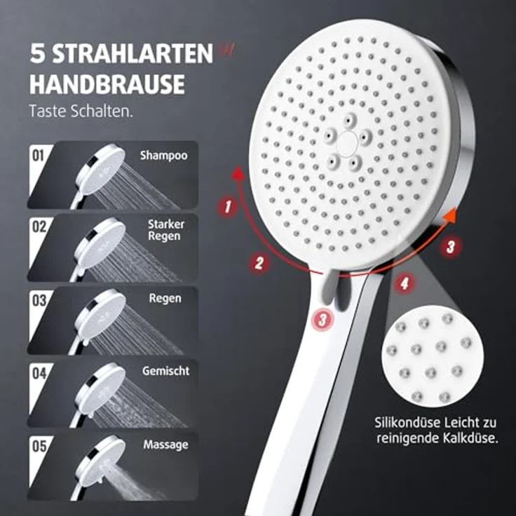 Rainsworth Duschsystem mit Thermostat, 3 Strahlart(en), komplett-set, 92-126 cm Duschstangen Edelstahl Duschamaturenset Wassersparend, runde Regendusche 30cm, 3 Strahlarten, höhenverstellbare Duschstange, Sicherheits-Thermostat – Bild 4
