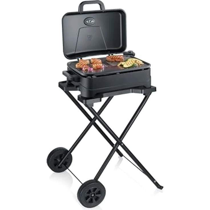 SEVERIN PG 8598, Elektrischer Outdoor BBQ Grill mit Stand und Hitzebeständigem Deckel, 45 x 30 cm Grillfläche, Kratzfeste keramische Beschichtung, Integriertes Thermostat – Bild 3