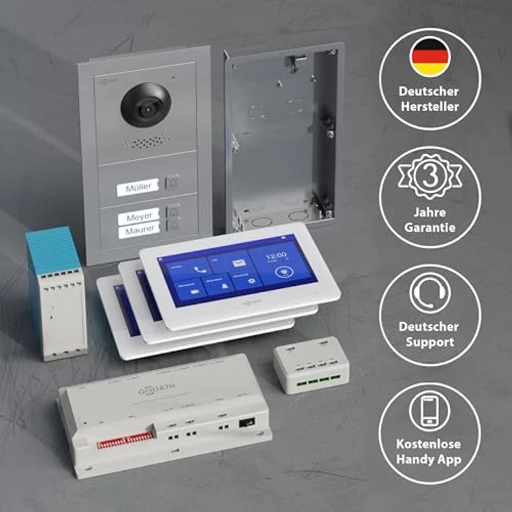 Goliath Intercom Video-Türsprechanlage Basic-Line, 7-Zoll HD Monitor in Weiß/Schwarz, 2-Draht, für 3-Familienhaus mit Kamera und App-Funktion – Bild 5