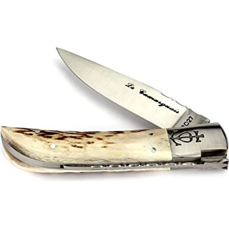 Le Camarguais 12 cm Taschenmesser 20094 - Griffschalen Hirschhorn - Klinge 10 cm Stahl 12C27-1 Backe