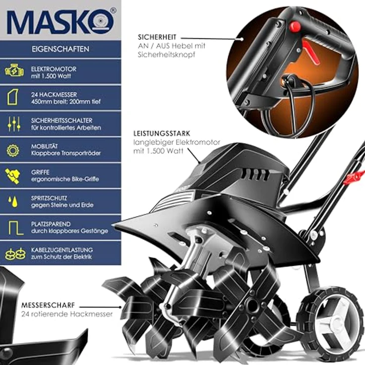 MASKO elektrische Motorhacke 1500 Watt, 40cm Arbeitsbreite, 20cm Arbeitstiefe, klappbarer Handgriff, Metallgehäuse, Transporträder Schwarz - Preisvergleich – Bild 2