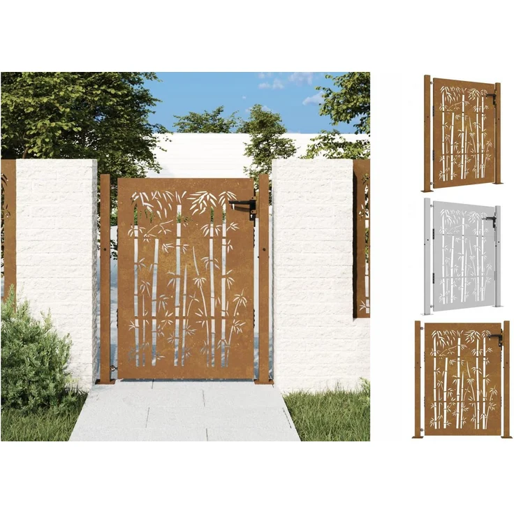 vidaXL Gartentor Gartentor 105x155 cm Cortenstahl Bambus-Design Abschließbar Zauntor, Rostig – Bild 1