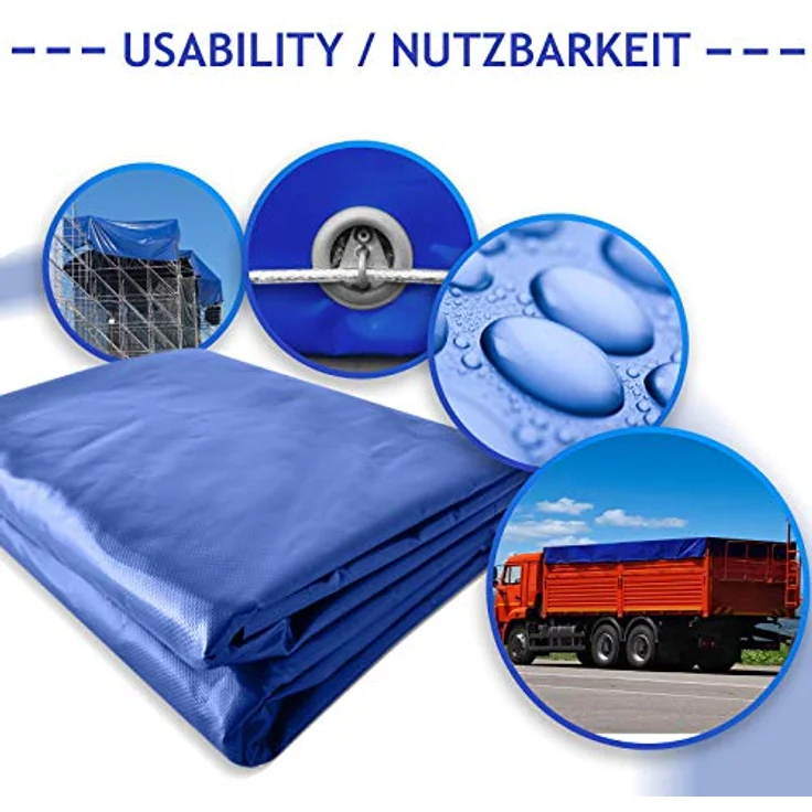 Jago Abdeckplane - 650 g-m², Wasserdicht & Reißfest, Aluminiumösen, Blau, 4 x 3 m, Beidseitig Beschichtet - Schutzplane, LKW Plane Gewebeplane, Regenplane – Bild 4