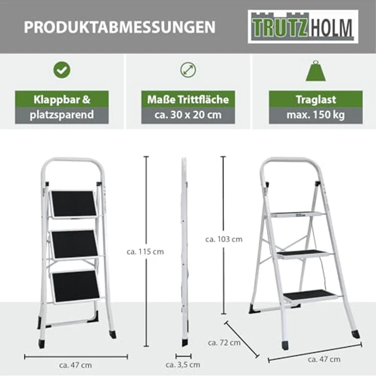 TRUTZHOLM Trittleiter 3 Stufen klappbar, TÜV/GS zertifiziert, 150 kg Traglast, Anti-Rutsch Trittflächen, Sicherheitsverriegelung, Stahl Leiter (Weiß) – Bild 3
