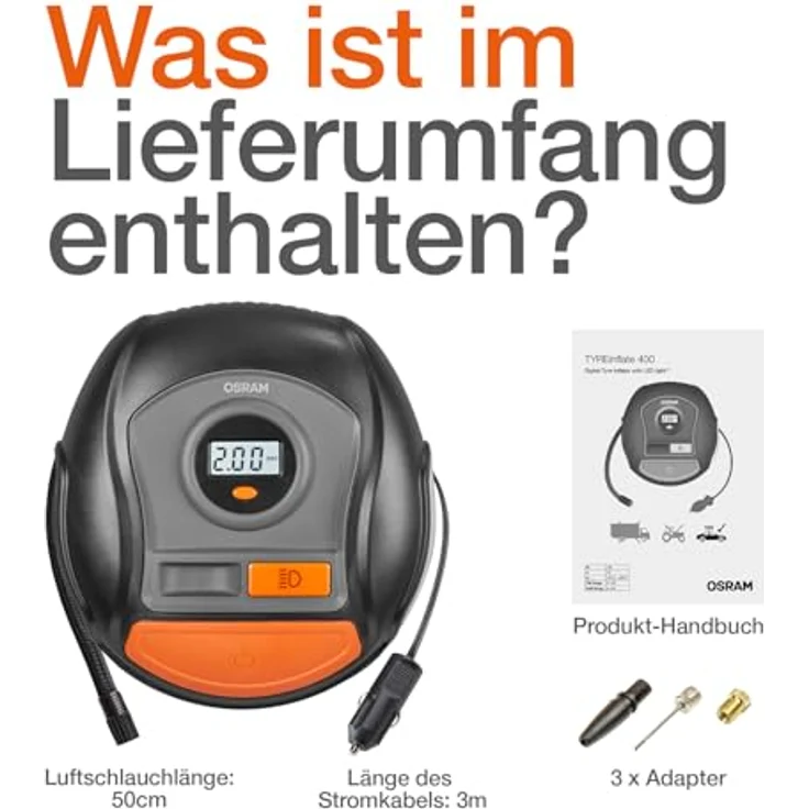 Osram OTI400, Digitaler Reifenfüller mit Hintergrundbeleuchtung und 5.5 bar Druck, inkl. Adapterkit – Bild 2