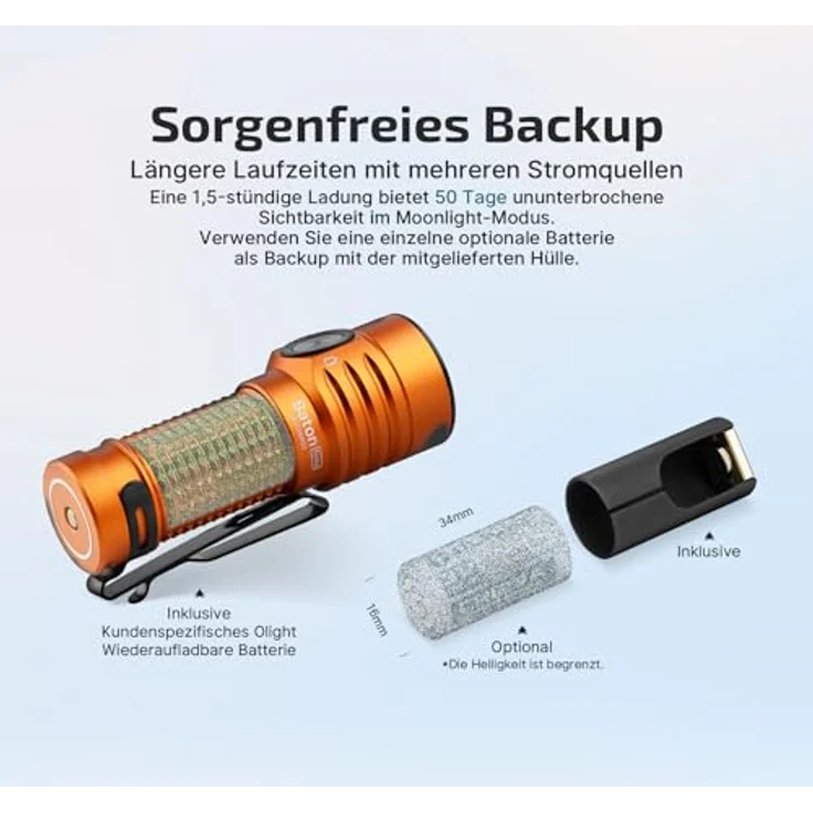 OLIGHT Baton Turbo, kleine Taschenlampe mit 1000 Lumen, 510 Meter Leuchtweite, wiederaufladbar, 50 Tage Laufzeit, 91g, orange, 5 Lichtmodi – Bild 4