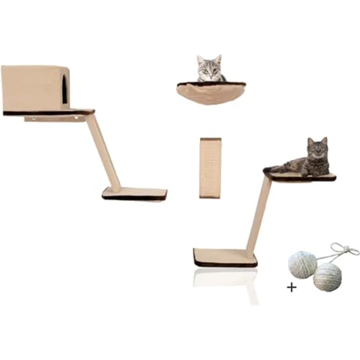 Katzen Kletterwand 8er Set + 2 Extra Spielkugeln Beige/Braun – Bild 1