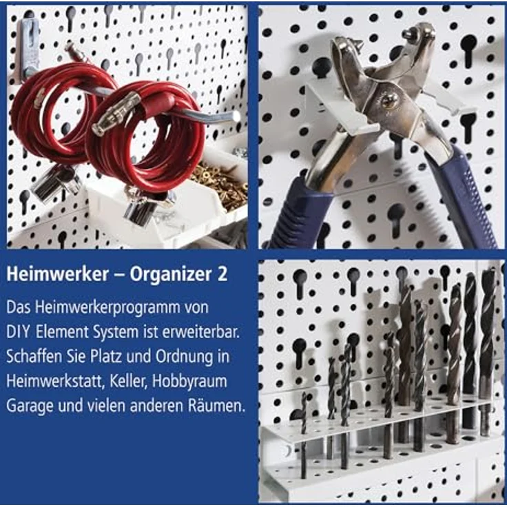 Element System DIY Element System HEIMWERKER ORGANIZER 2 – Metall-Werkzeugwand mit 2 Stahl-Lochplatten (800 x 200 mm), weiß, inkl. 29-teiligem Set von Halterungen und Montagematerial – Bild 5