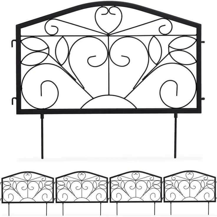 relaxdays Beetbegrenzung Beetzaun 4-teilig antik, Schwarzer Dekozaun aus Eisen, Niedrige Höhe zur klaren Abgrenzung im Garten