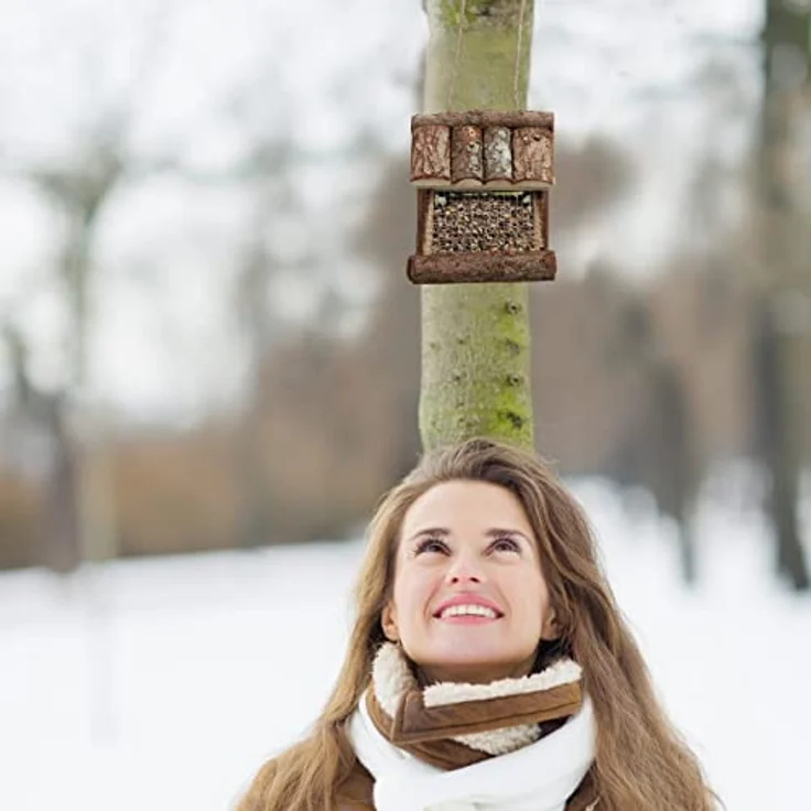 Relaxdays Vogelfutterhaus Holz, zum Aufhängen, HBT: 17 x 15 x 12 cm, mit Silo, Vogelfutterspender für Kleinvögel, Natur – Bild 3