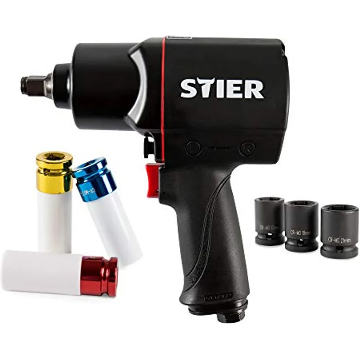 STIER Druckluft Schlagschrauber 17-BBS, 8-teiliges Set, max. Lösemoment 1.756 Nm, 3 Geschwindigkeitsstufen