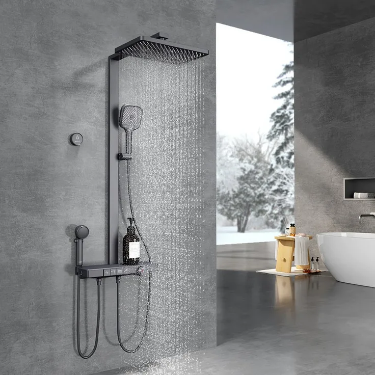 EMKE Duschsystem Brausegarnitur mit Thermostat Bluetooth-Steuerung Entwässerung, Höhe 113 cm, 4 Strahlart(en), Regendusche, Kinderdusche, Bluetooth, Anthrazit Matt - Preisvergleich