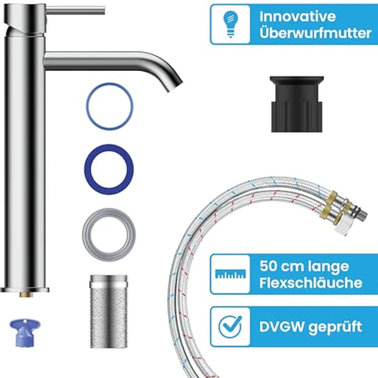 Bächlein Badarmatur Susara hoch mit gebogenem Auslauf, Extra hoher Design Einhebelmischer für Aufsatzwaschbecken mit langlebiger Keramikkartusche und Montage-Set, Bad Wasserhahn Chrom – Bild 4