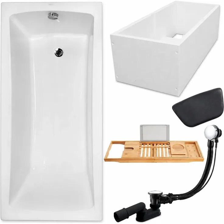 KOLMAN Badewanne OPTIMAZ Rechteck 150 x 70 cm mit Wannenträger, Bambus Ablage, Kopfstütze KODI in Schwarz, inkl. Ablauf und Füße