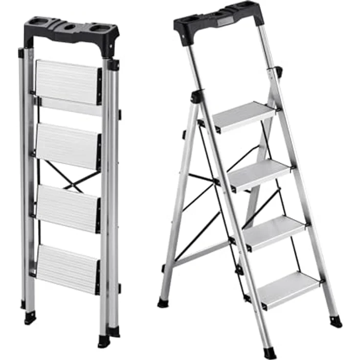 VEVOR Trittleiter 4 Stufen, Klappleiter mit Anti-Rutsch-Stufen und handlichem Griff, Tragkraft 150 kg, Aluminium-Sicherheitsleiter für Küche und Büro, Silber – Bild 1
