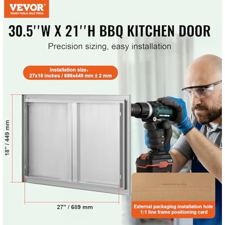 VEVOR Grill-Zugangstür, Doppelte Edelstahltür 774 x 532 mm, Flächenbündig montierte Wandtür mit versenkbaren Griffen für Außenküchen und Grillinseln – Bild 2
