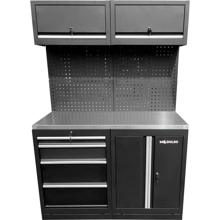 KS Tools 866.6030 Werkstatt-Schranksystem-Erweiterungsmodul mit Edelstahlarbeitsplatte, freistehend, 1360 x 1890 x 500 mm, 4 Schubladen, 2 LED-Leuchten – Bild 1