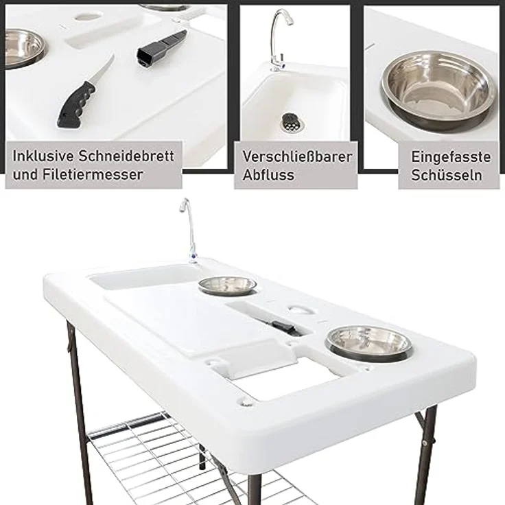 Lemodo Kunststoffspüle Filetiertisch mit Spüle und Zubehör, Gartenspüle, Campingspültisch, klappbar, 126,5/65 cm, weiß, inkl. Filetiermesser und Edelstahl-Seife – Bild 4